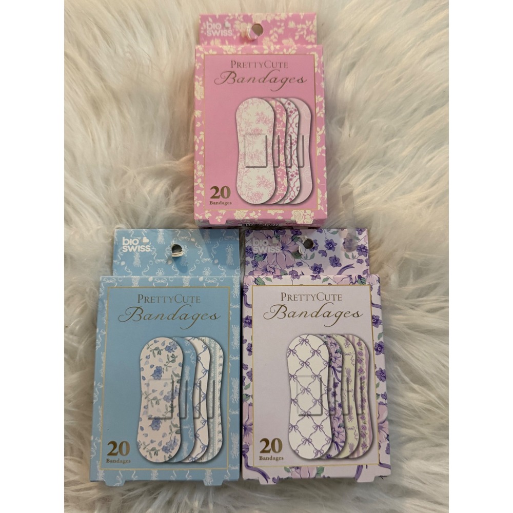 BioSwiss PrettyCute Bandages 3 Pack Floral Bow Pink Blue Purple Latex Free 60ct